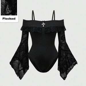 Deadstock Rowme Dark Gothic Metal Cross Off Shoulder Lace Bodysuit